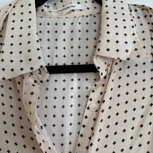 Emerson Fry • Frankie Blouse 30's Print Silk Cream Dotted Puff Sleeve Small - Picture 5 of 6